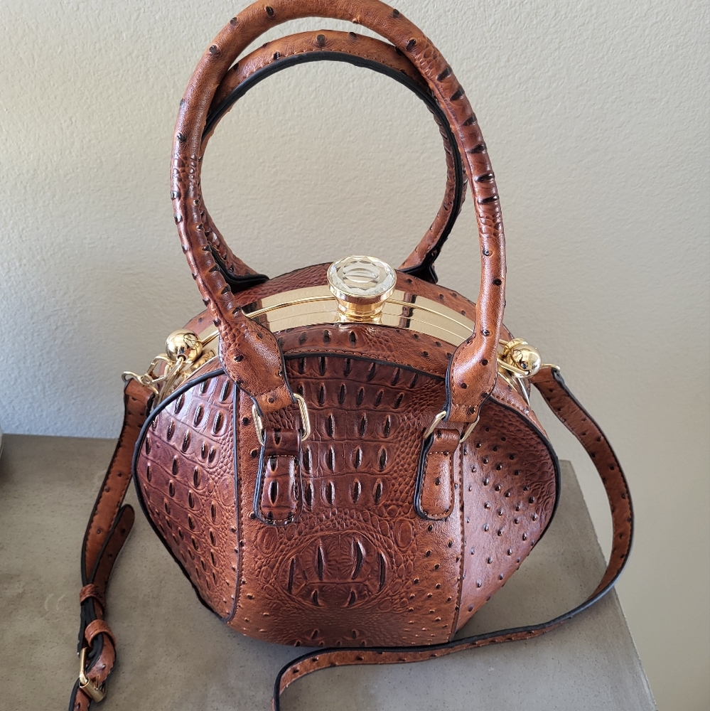Elegant Brown Faux Leather Round Handbag/Crossbody NWOT